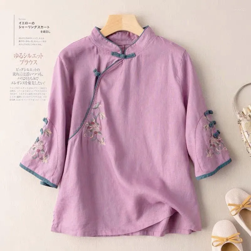 Ethnic Clothing Cheongsam Women's Plus Size Short Tops Summer Cotton Linen Embroidery Splicing Slim Fit Chinese Style Qipao Shirts