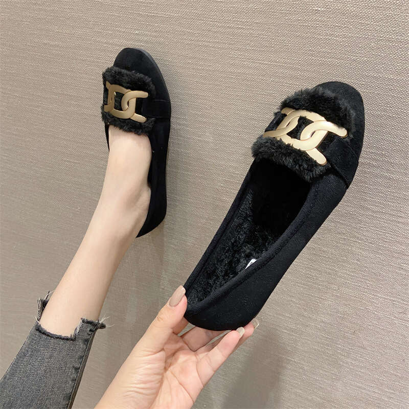 2023 Autumn/Winter New Single Head Metal And Fleece Fur Women's Fairy Suede Shallow Mouth Flat Shoes