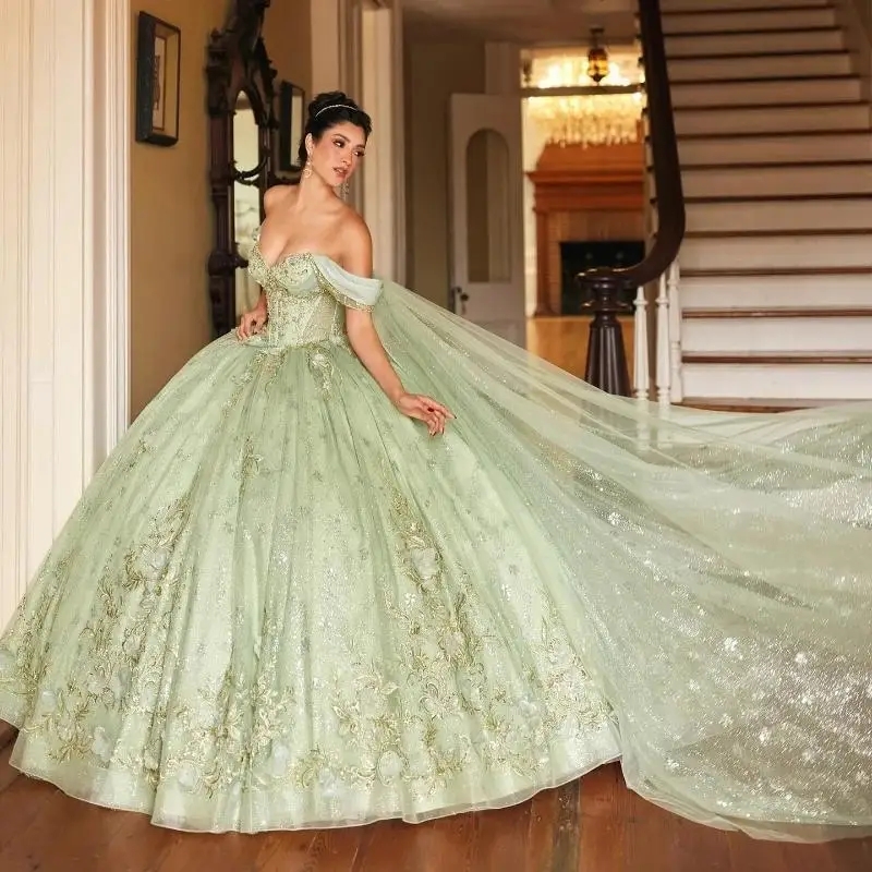 Sparkly Mint Green Princess Quinceanera Dresses Off Shoulder Ball Gown Sequin Appliques Lace Crystals Beads Tull With Cape Sweet 16 Dress
