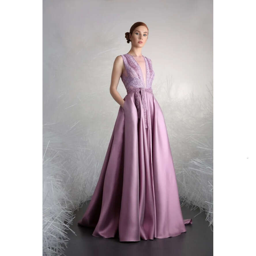 Tony Ward Prom Dresses V Neck Sleeveless Lace Appliques Satin Evening Gowns Custom Made Or Length Special Ocn Dress