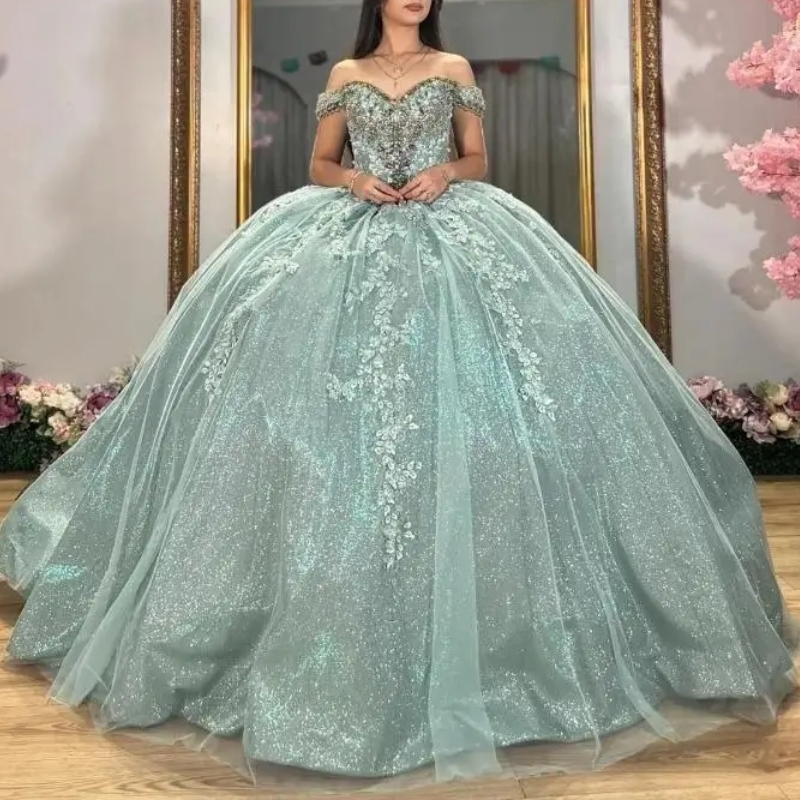 Mint Green Shiny Sweetheart Quinceanera Dresses Ball Gown Off the Shoulder Sequin Appliques Lace Beads Tull Vestido De 15 Anos Sweet 16 Dress