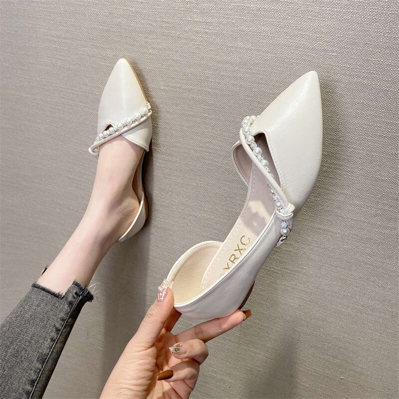 French Pearl Decoration Single Shoe For Women's Spring And Summer New Style, One Foot Shallow Mouth Pointed Soft Leather Side Empty Flat Bottom E