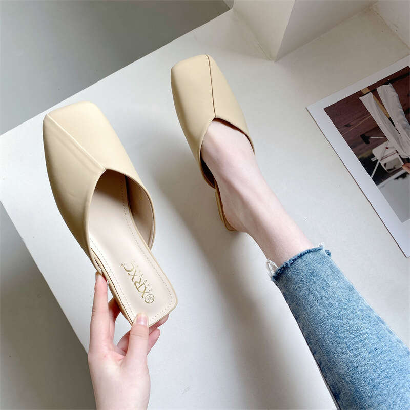 Fashionable Half Slip Slippers Spring 2023, Simple French Style Elegant Square Head With Low Heel, Wearing A Hooded Cool Slipper For Women