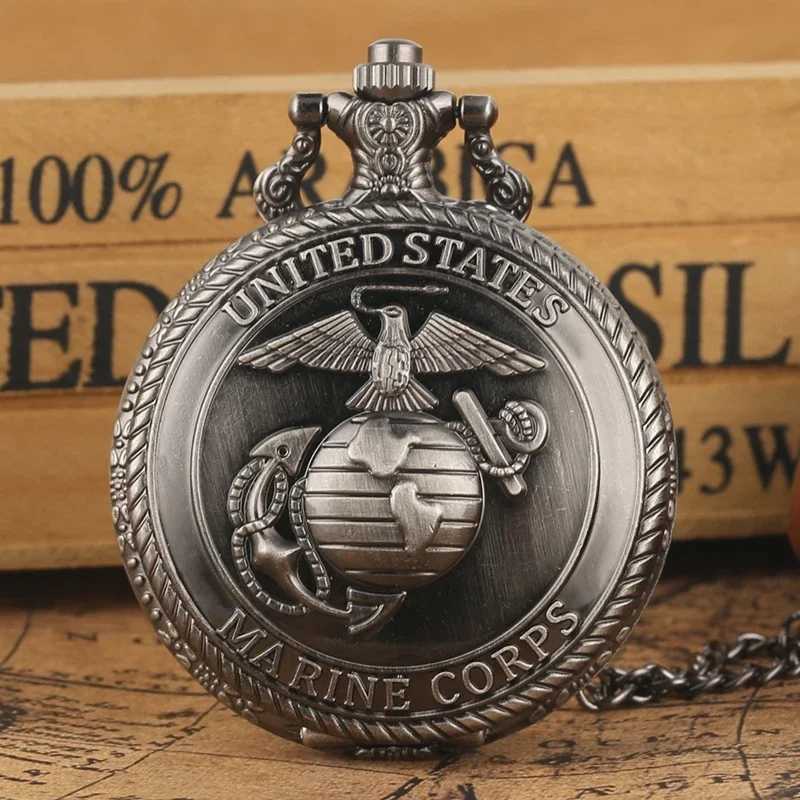 Bronze Grey United States Marine Corps Symbolic Quartz Pocket Watch Chain Necklace Pendant Gift FOB Clock Art CollectiblesX241104