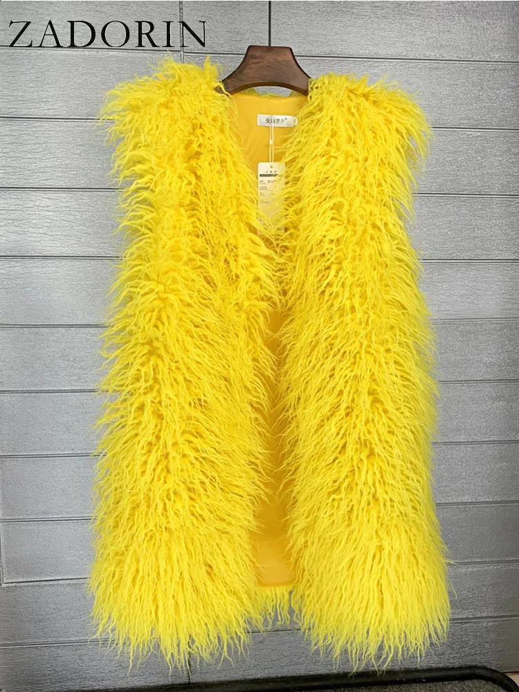 ZADORIN Fashion Winter 75cm Long Fluffy Faux Fur Vest Women Colorful Faux Mongolia Sheep Fur Gilet Fur Jackets Women Coats 241105