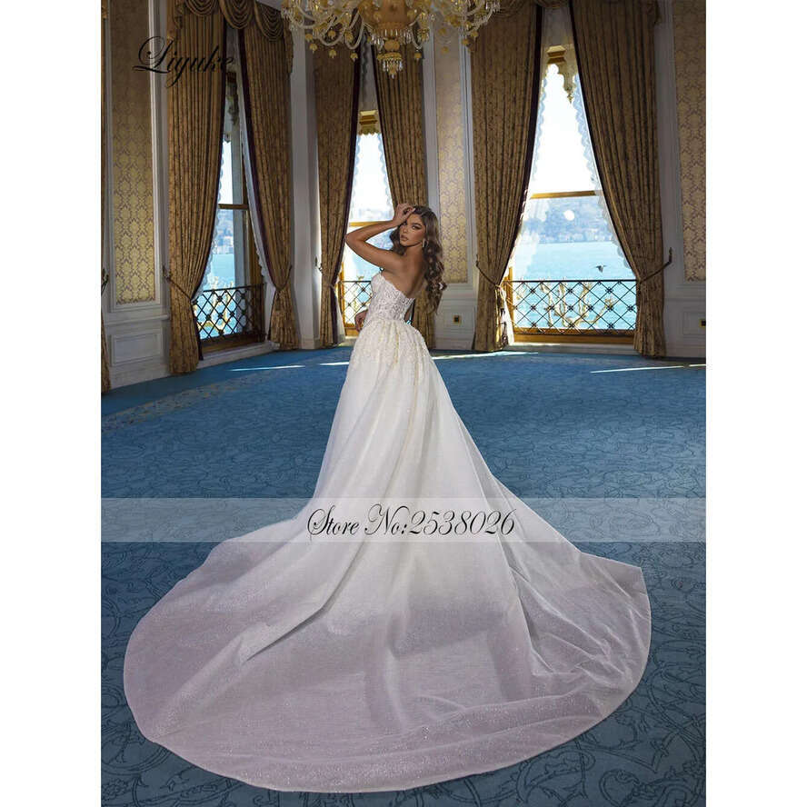 Lace Liyuke Strapless Mermaid Wedding Dresses Beading Pearls Appliques Off Shoulder In Bridal Gowns Removable Train