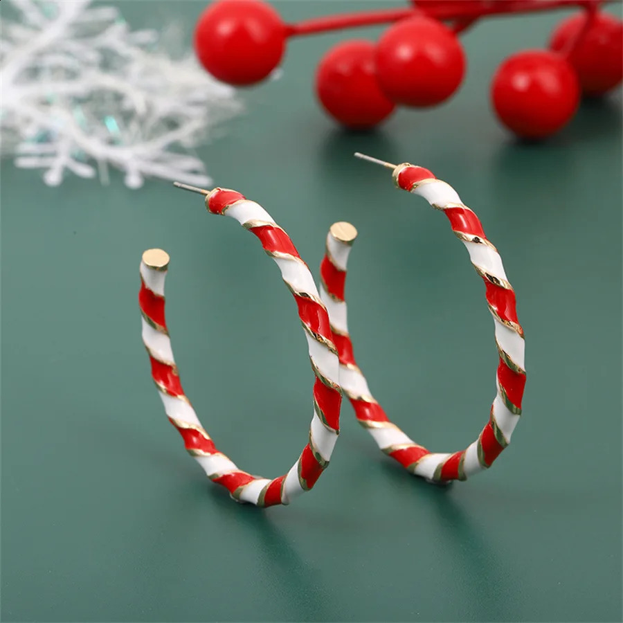 1 Pair Cute Circle Candy Cane Alloy Earrings Christmas Nordic Style Red Color Santa Jewelry Accessories 241105