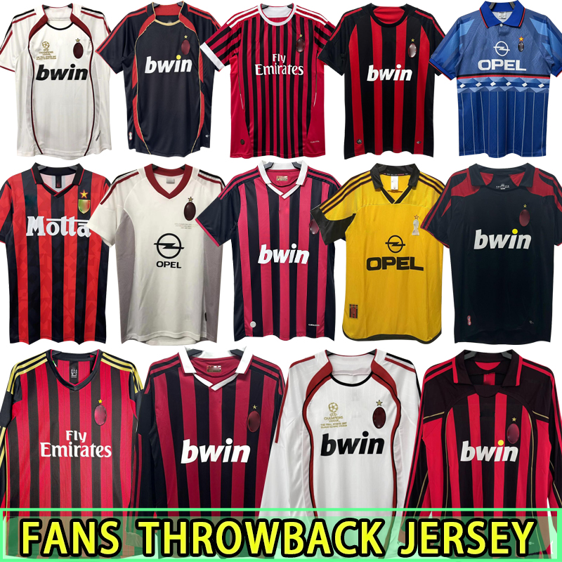 Retro Kaka Soccer Jerseys Home Away Milans Long Mange Baggio Maldini van Basten Pirlo Inzaghi Gullit Shevchenko Vintage Shirt Kit classique 93 94 98 06 07Ronaldinho