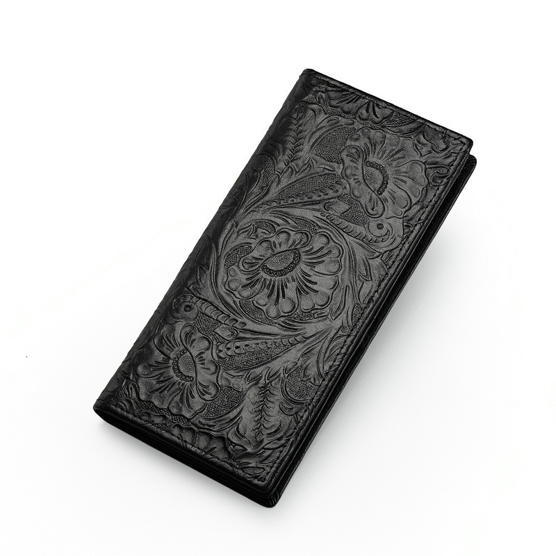 Men's Casual Fashion Long Designer Leather Top Layer Cowhide Embossed Coin Purse