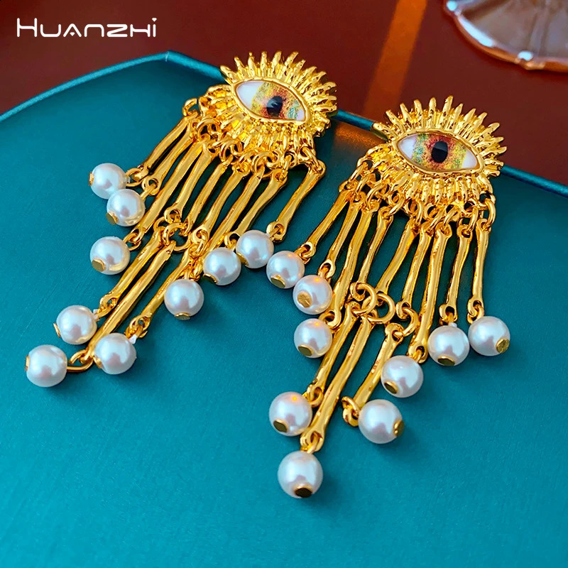 HUANZHI Eye Pearl Long Tassel Drop Earring Y2K Vintage Gold Color Pendant Jewelry For Women Trendy 241105