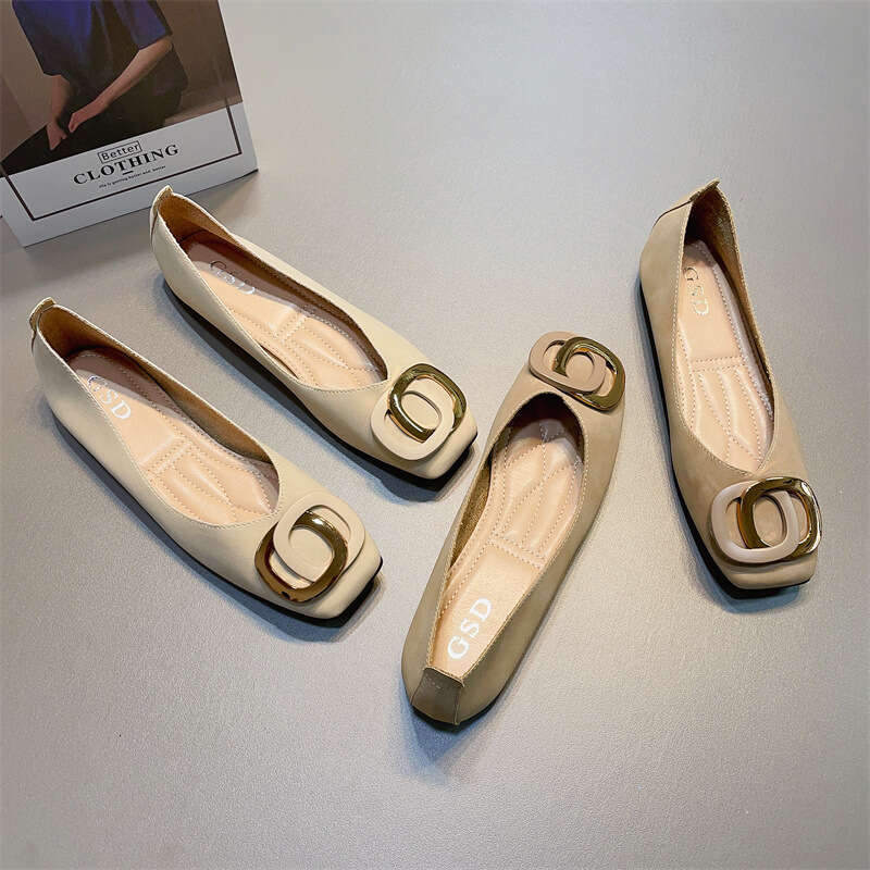 French Style Scoop Shallow Mouth Single Shoes, Women's Korean Version, Spring And Summer New Item, Metal Buckle, Gentle Style, Flat Bottomed Squa