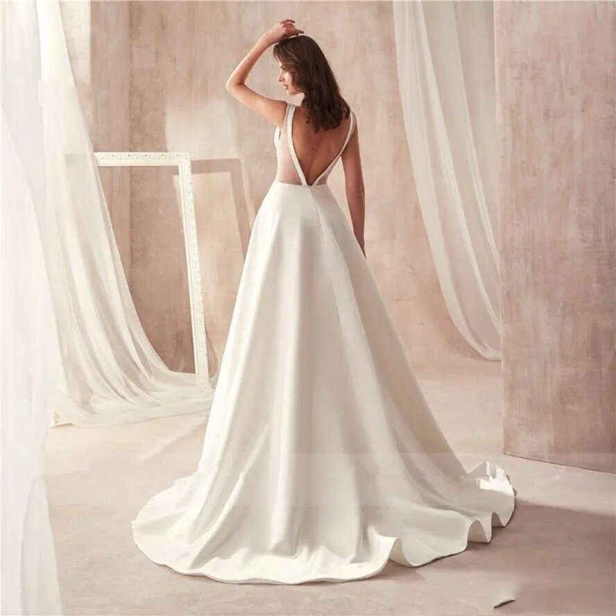 Plus Sexy Cheap Size Dresses With Pocket Satin Deep V Neck Open Back Or Length Wedding Dress Bridal Gowns Robes De Marie