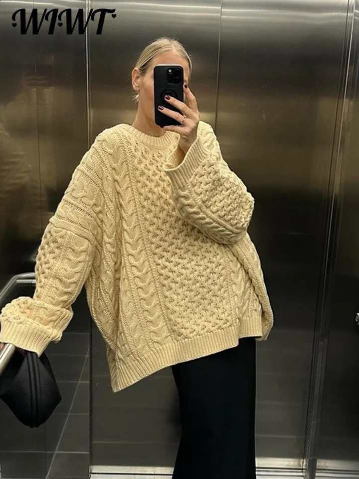 Oversized Knit Twist Pullovers Women Loose Lazy O-Neck Long Sleeve Solid Sweaters 2024 Autumn Female Casual Street Knitwear 241105