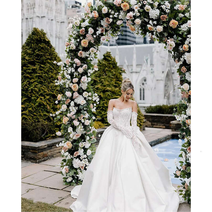 E Elegant A Wedding Dress Strapless Detachable Sleeve Lace Applique Bridal Gown Robe Saudi Arabic Vestidos De Novia Pplique Rabic