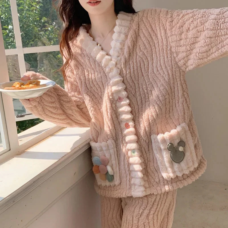 Thickened Warm Flannel Women Sleepwear Loungewear Cardigan Suit Winter Sweet Kawaii Soft Fairy Wind Ladies Pajamas Homewear 241105