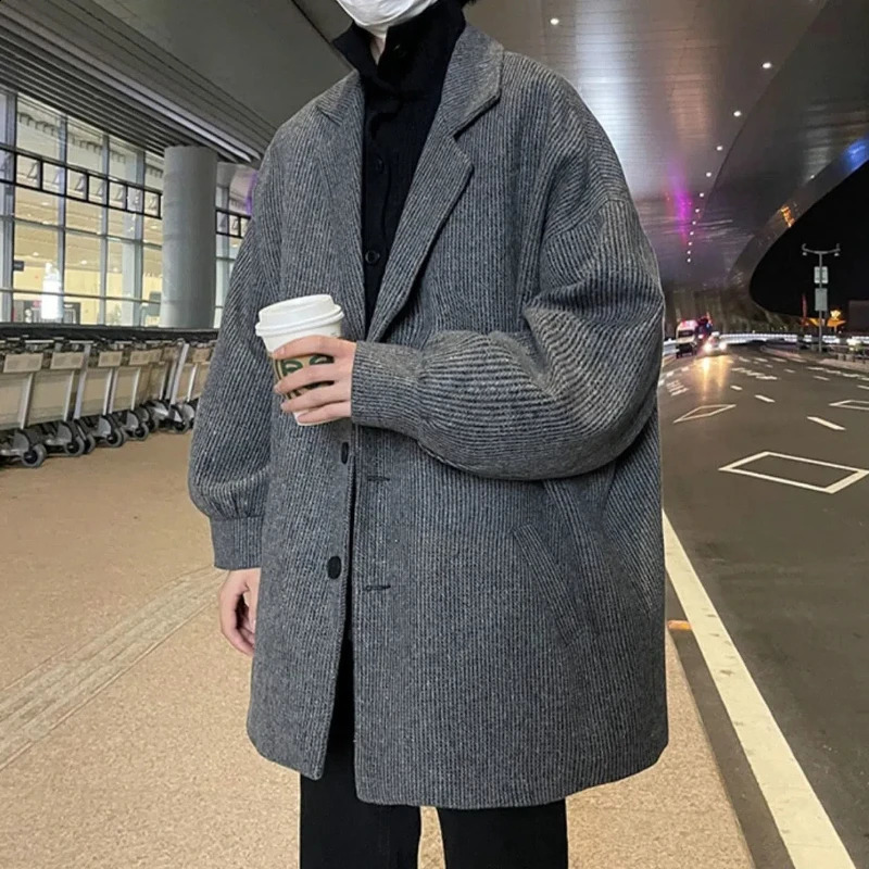 Autumn Winter Fashion Turn-down Collar Long Sleeve Solid Mao Trench Mens Clothing Loose Casual All-match Korean Button Tops 241105