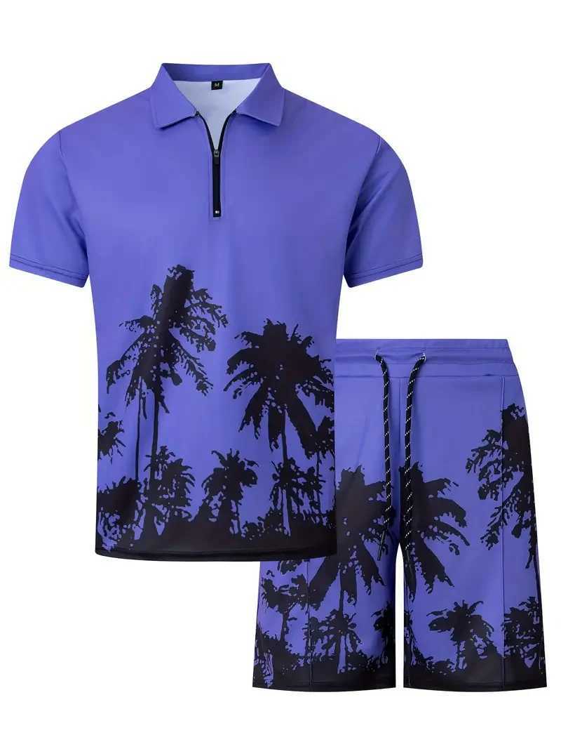 Mens 3D printed coconut Tr pattern zipper shirt+shorts 2-piece neutral fashion casual simple matching style clothing W241104