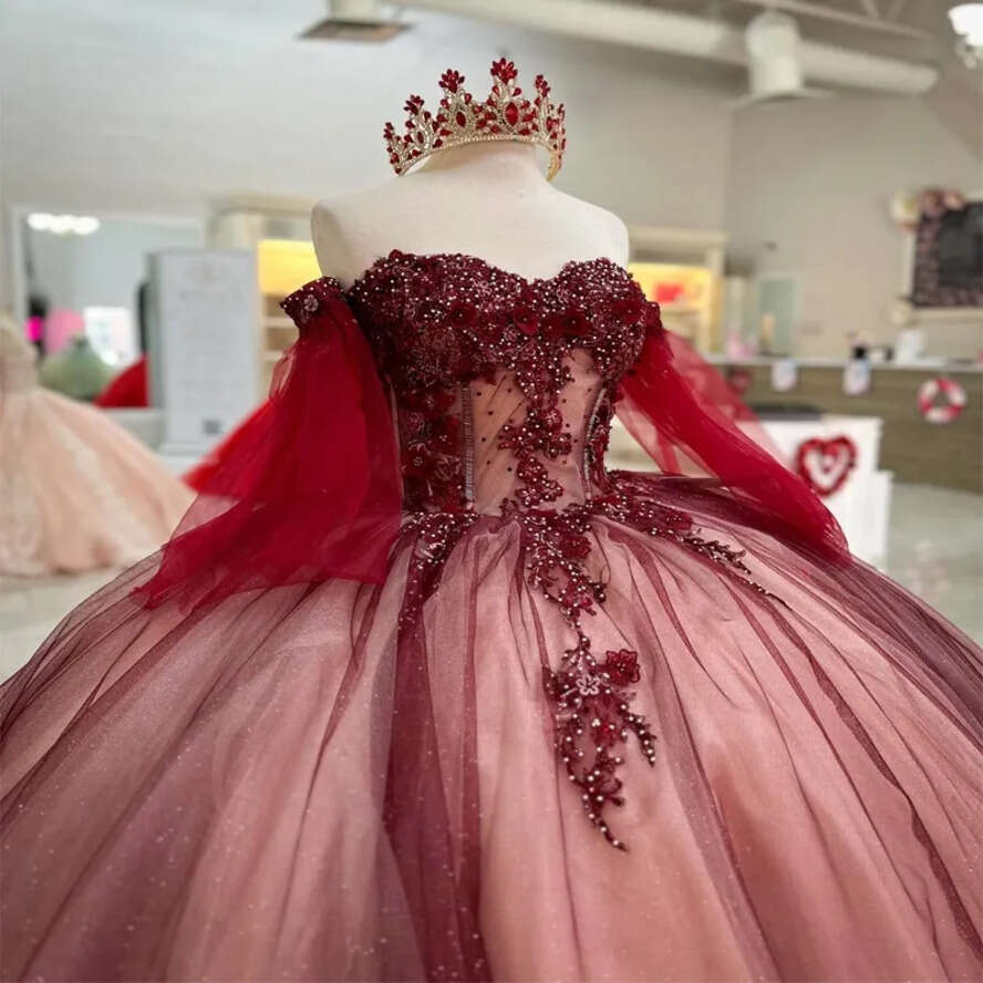 Red Shiny D Wers Off The Shoulder Ball Gown Quinceanera Dresses Applique Beads Tull Lace Up Sweet Dress Vestidos De Anos