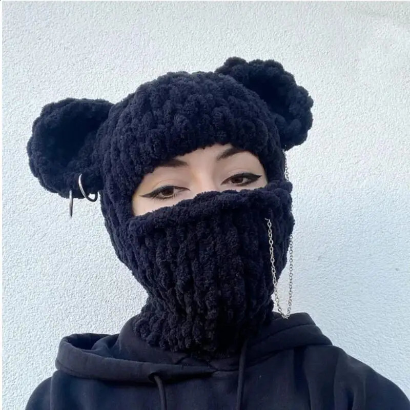 Bear Ears Crochet Balaclava Women Handmade Chain Circle Knitted Hat Party Chenille Mask Warm Beanies Ear Protection Skullies Cap 241105