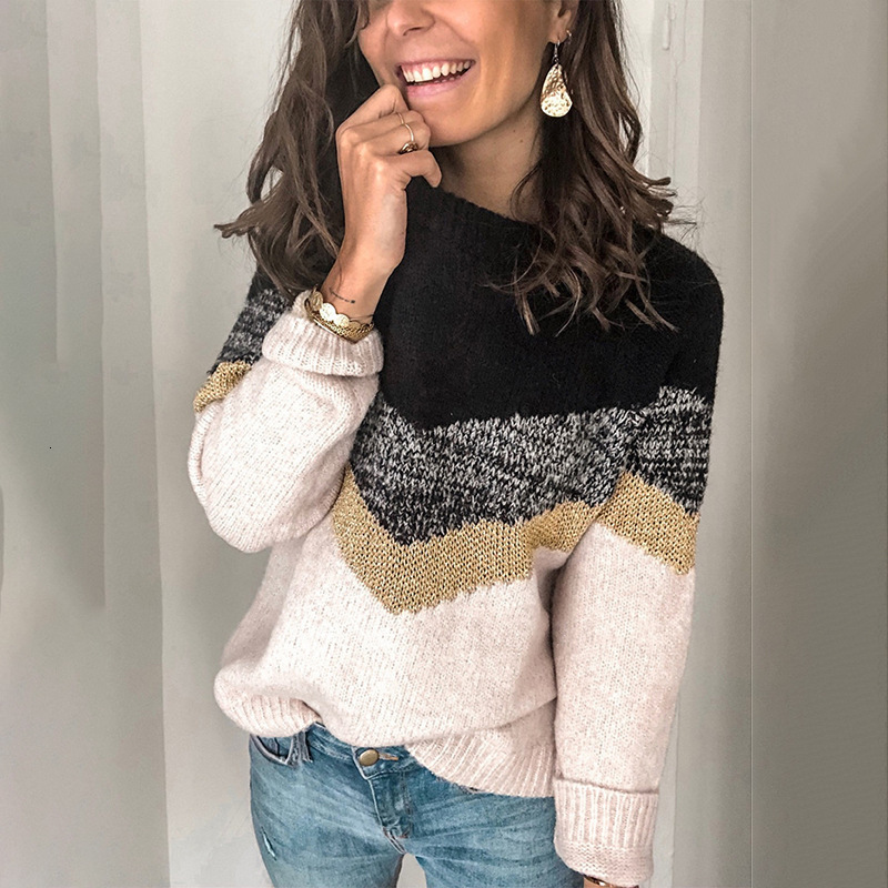 Autumn Winter New Product Color Contrasting Splicing Knitted Sweater With Head, Round Neck, And Embroidered Shoulder Sleeves For Women