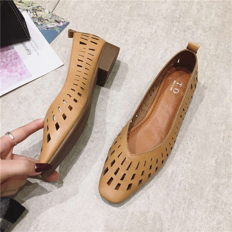 Korean Version Versatile Hollow Breathable Soft Sole Grandma Flat Bottom Low Order Scoop Women's Bean Shoes
