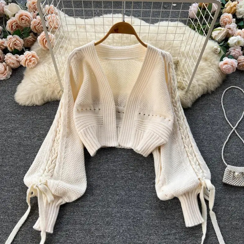 Green Casual Acrylic Knit VNeck Lantern Long Sleeve Lace Up Womens Cardigan Sweater Short For Women Clothing 2024 241105
