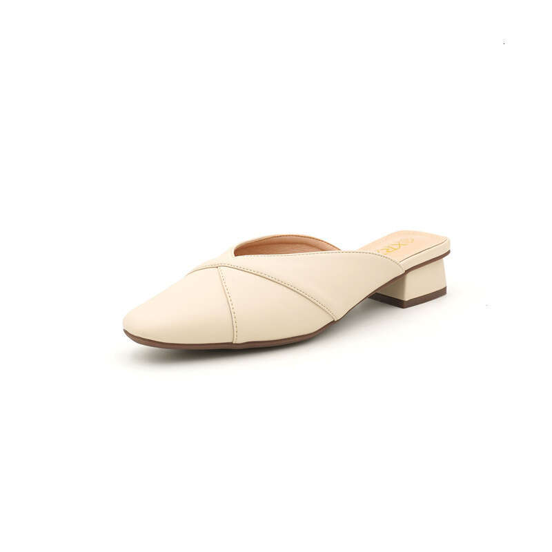 2023 New Semi Simple And Fashionable Toe Cap Thick Cool Trailer Mid Heel Splicing Solid Color One Foot Slippers For Women's Outdoor Wear