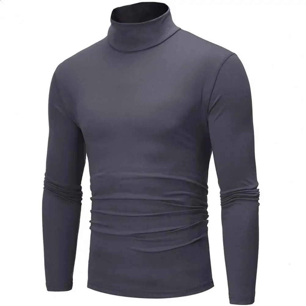 Men Tshirt Autumn Winter Slim Fit Bottoming Turtleneck Long Sleeve Solid Color Elastic Thin Pullover Tops Streetwear 241105