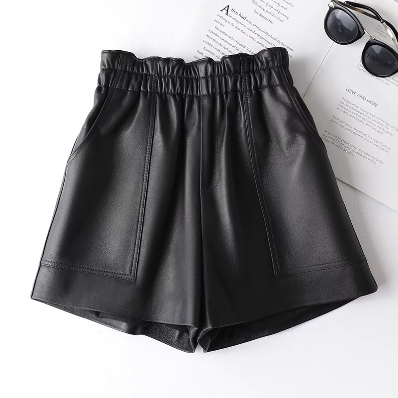 Genien Leather For Women 2024 New Fashion Elestic High Waist Short Pants Female Streetwear Shorts Casual Style