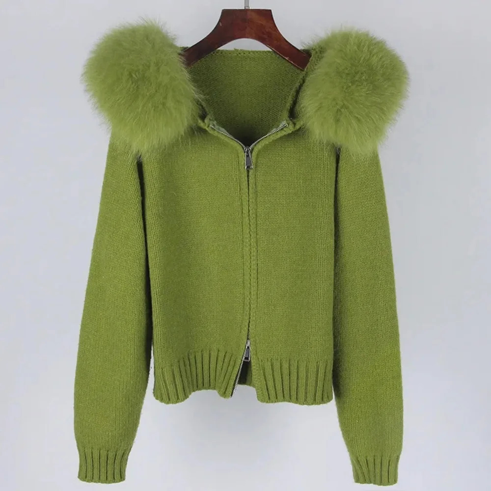 2024 Autumn Winter Casual Hooded Real Fox Collar Fashion Short Knitted Jacket With Natural Fur Coat For Women
