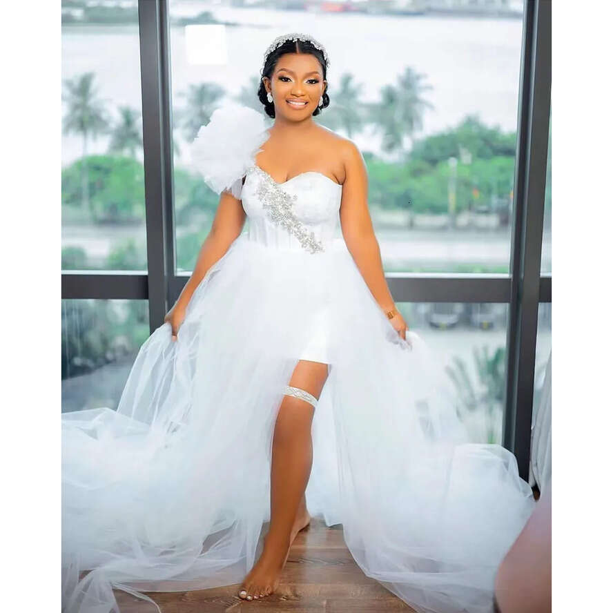 Ebi Arabic Aso White Bride Robes For Wedding Sweet Hear Tlong Sleeve A E Tulle Lace Ruffles African Women Bridal Shower Dresses Morning Robe Frican