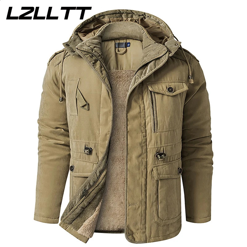 LZLLTT Men Winter Warm Parkas Mens Fleece Detachable Hat Jacket Casual Cotton Outdoor Fur Trench Padded Jackets Coats 241105