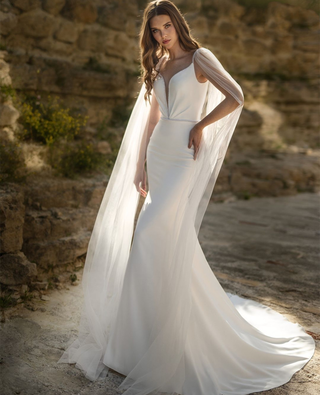 Long V-Neck Elegant Crepe Wedding Dresses With Cape Mermaid Beaded Ivory Covered Buttons Back Sweep Train Bridal Gowns For Women