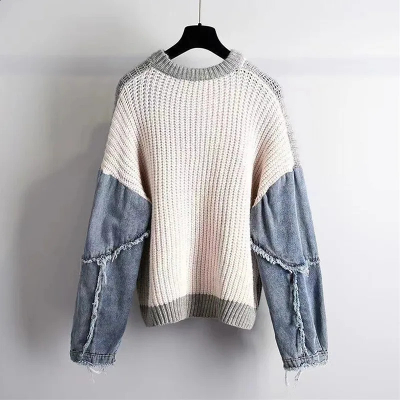 autumn Witner denim patch work sweater for womens fashion O-neck zipper womens long sleeved knitted top jumper 241105