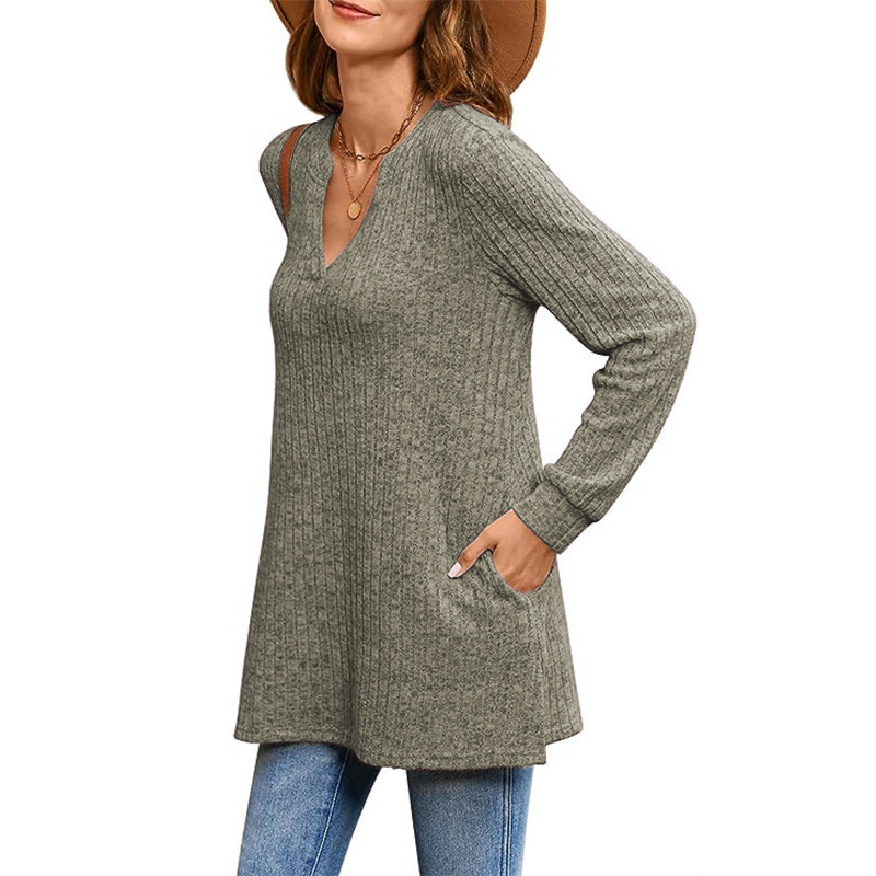 Women's Sweaters Autumn Winte Knitted Shirt Long Sleeved Solid Side Split Loose Top With Pockets Vintage Sweater