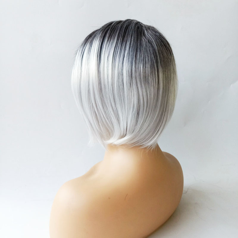 Wig women short hair synthetic wig women black gray gradient color bobo short straight hair