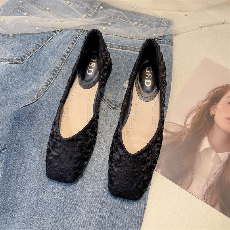 French Satin Single Shoe Women's Korean Version Spring New Versatile Low Heel Scoop Square Toe Shallow Mouth Cloth Soft Sole Grandma Shoes