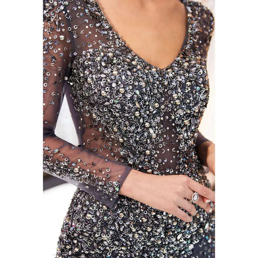 Sleeves V Neck Mermaid Sheer Long Evening Tulle Beaded Sequins Or Length Formal Party Prom Dresses Cps