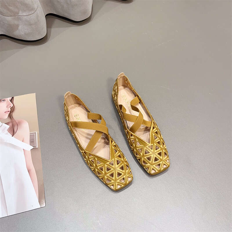 Korean Version Summer New Hollowed Out Breathable Mesh Flat Shoes For Women, Comfortable Cross Strap Versatile Square Toe Shallow Mouth Single Shoe