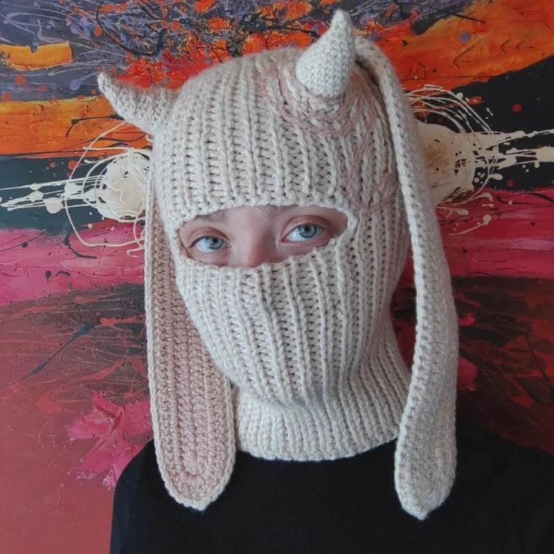 Novelty Rabbit Ears Hat Knitting Balaclava for Women Winter Warm Mask Adult Cosplay Party Costume Camping 241105