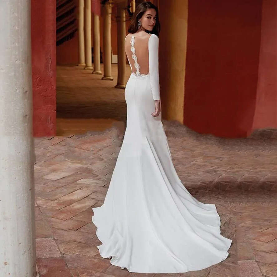Mermaid Wedding Simple Dresses Deep V Neck Long Sleeve Satin Bridal Gowns Illusion Back Or Length Ral Applique Bride Dress Ves De Novia Custom Made