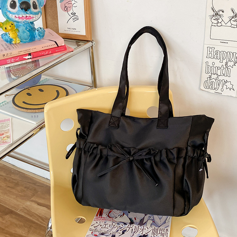 Elegant Bow Women's Shoulder Nylon Pleated Korean Fashion Designer Handbag Large Capacity Cute Pink Sweet Women's Handbag
