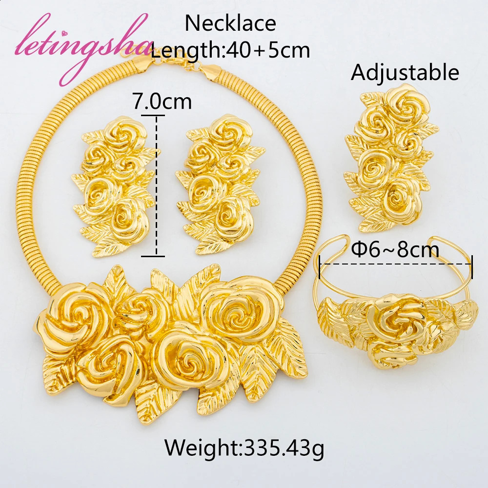 Dubai Classic Big Flower Pendant Jewelry Set for Women African Gold Plated Necklace Earrings Bangle Ring Set Wedding Part 241105