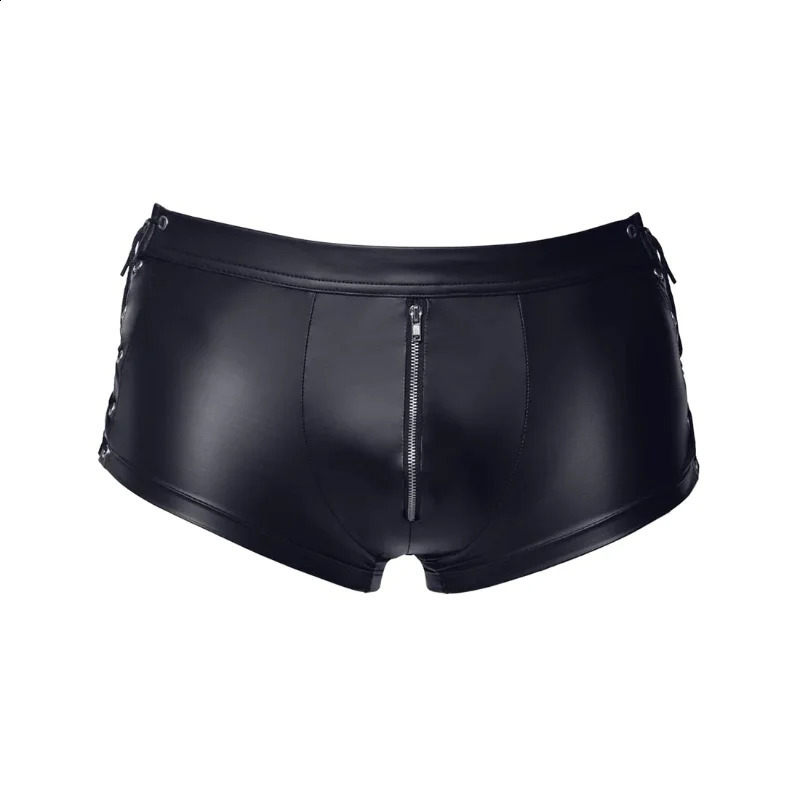 Exotic Pants Male Sexy Lingerie Gay Men Faux Leather Lace Up Black Latex PVC Bondage Open Cortch Shorts Gothic Fetish 241105
