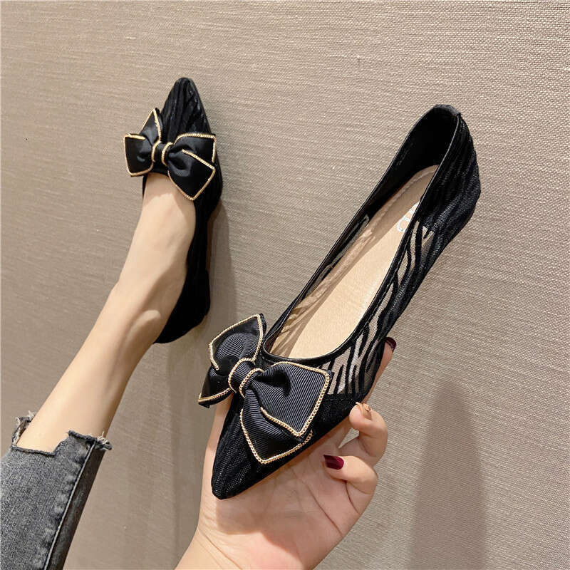2023 Summer New Korean Butterfly Bow Decoration Shallow Mouth Pointed Soft Bottom Bean Mesh Breathable Flat Shoes For Women