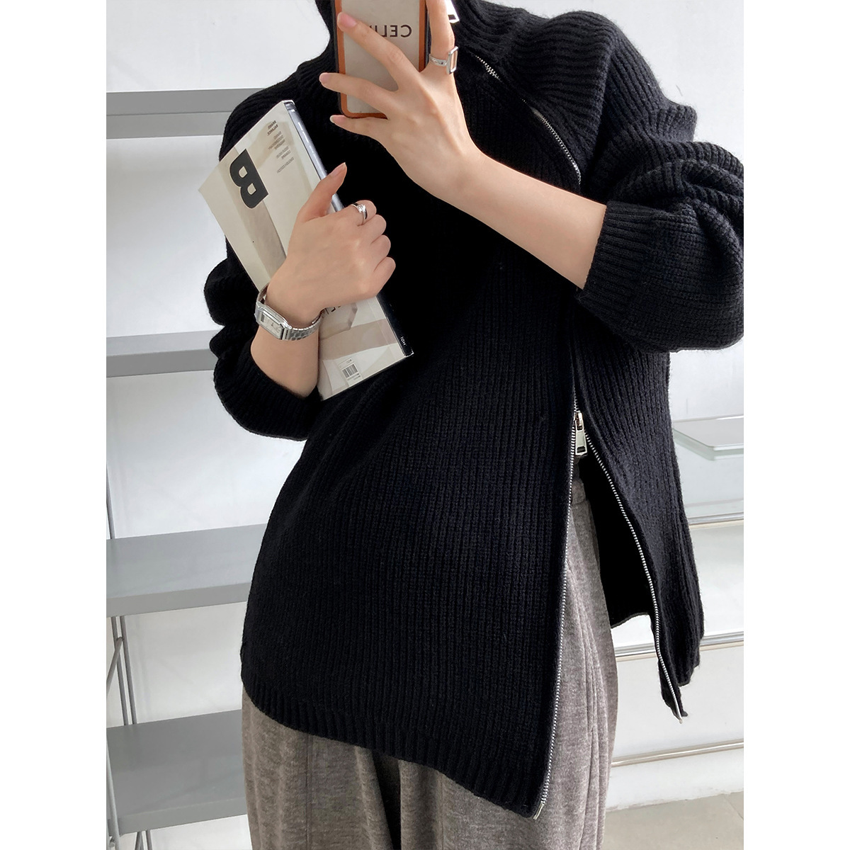 Winter Women's Sweater Fashion Personality Side Open Double Head Zip High Neck Loose Oversized Casual Knit Top Coat Warm Jumper