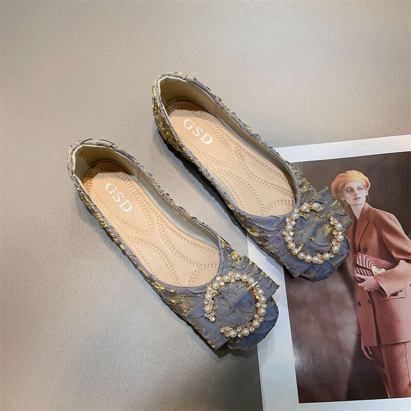 French Gentle Style Shallow Mouth Flat Single For Women, Korean Version, Spring And Summer New Items, Pearl Bow Square Toe Soft Sole Scoop Shoes