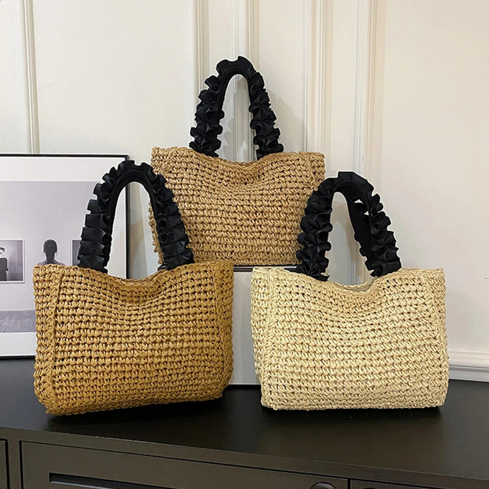 Ruched Handle Straw Bag Bohemian Womens Handbag Wallet and Handbag Paper Rope Beach Bag Shoulder Bag Mini Shopping Bag 241105