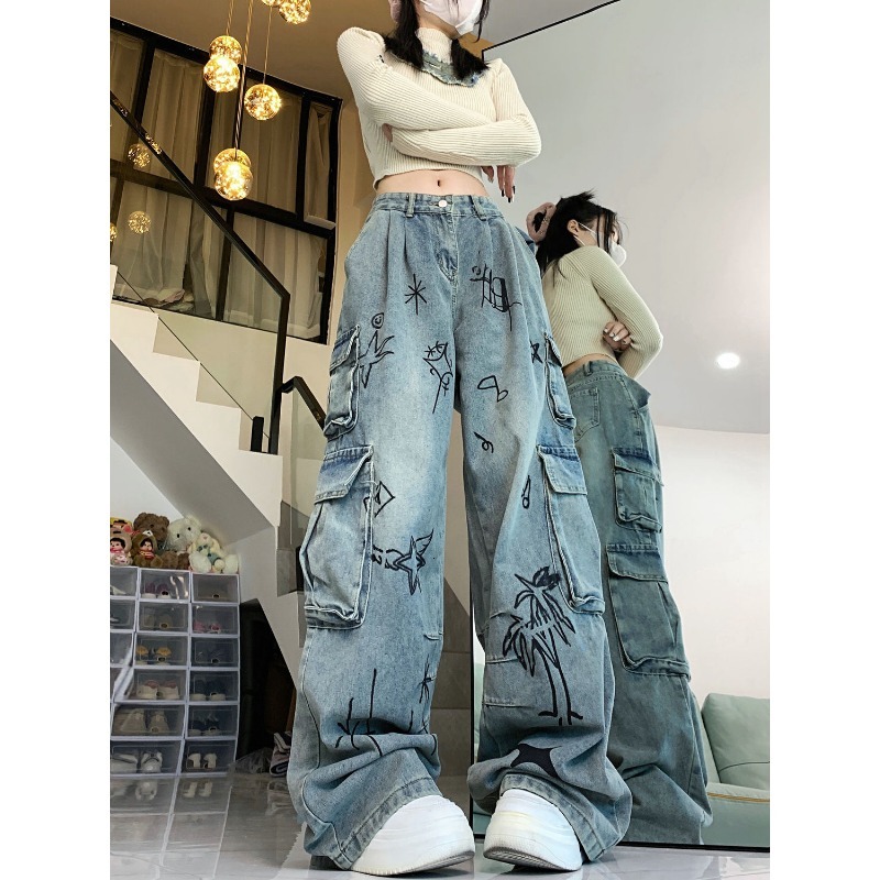 QWEEK Y2k Oversized Vintage Cargo Jeans Woman Hippie Streetwear Haruku Denim Pants Baggy Korean Fashion Trousers Aesthetic