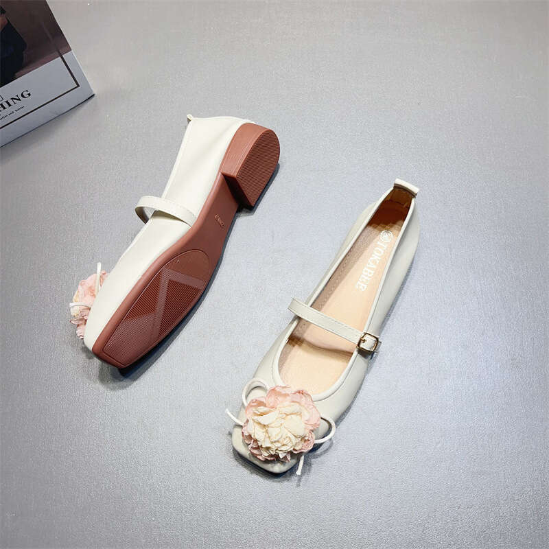 French Floral Decoration With Sole Mary Jane For Women, Korean Version, New Shallow Mouth Square Toe Soft Leather Low Order Shoes